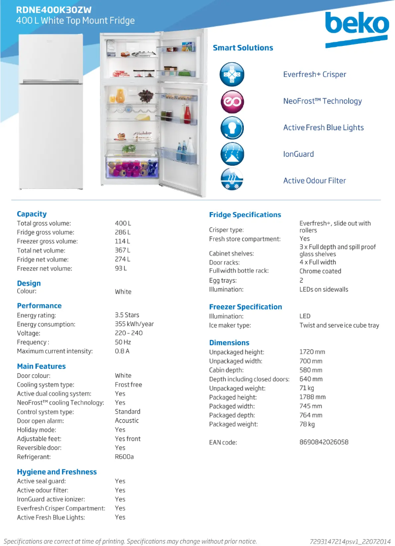 Page 1 de la notice Fiche technique Beko RDNE400K30ZW