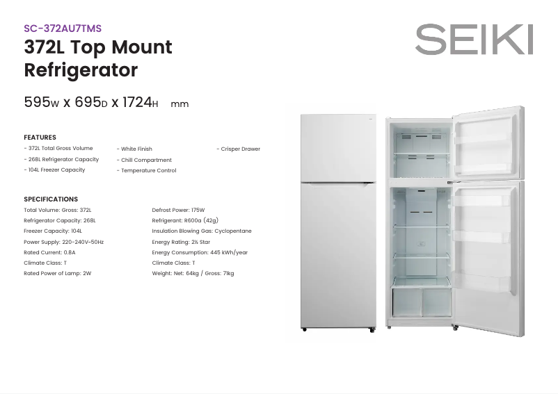 Page 1 de la notice Fiche technique Seiki SC-372AU7TM