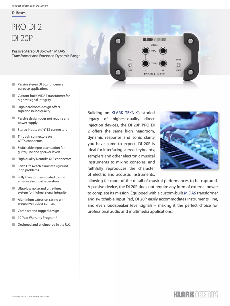 Page 1 de la notice Fiche technique Klark Teknik PRO DI 20P
