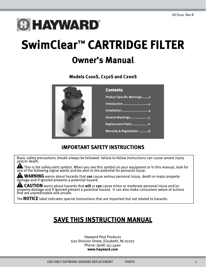 Image de la première page du manuel de l'appareil SwimClear C200S