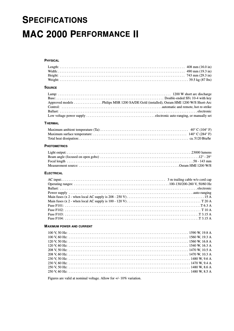 Page 1 de la notice Fiche technique Martin MAC 2000 Performance II
