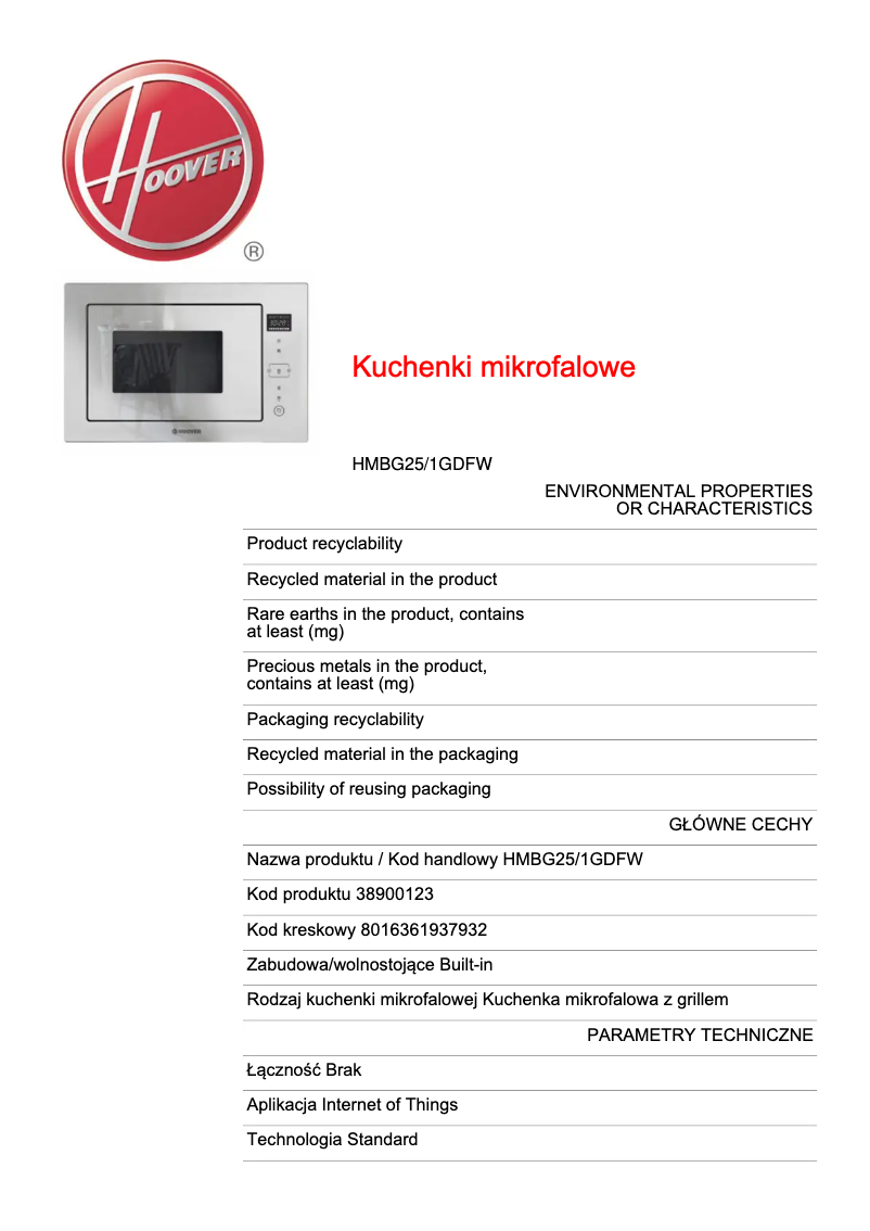 Página 1 del manual Ficha técnica Hoover HMBG25/1GDFW