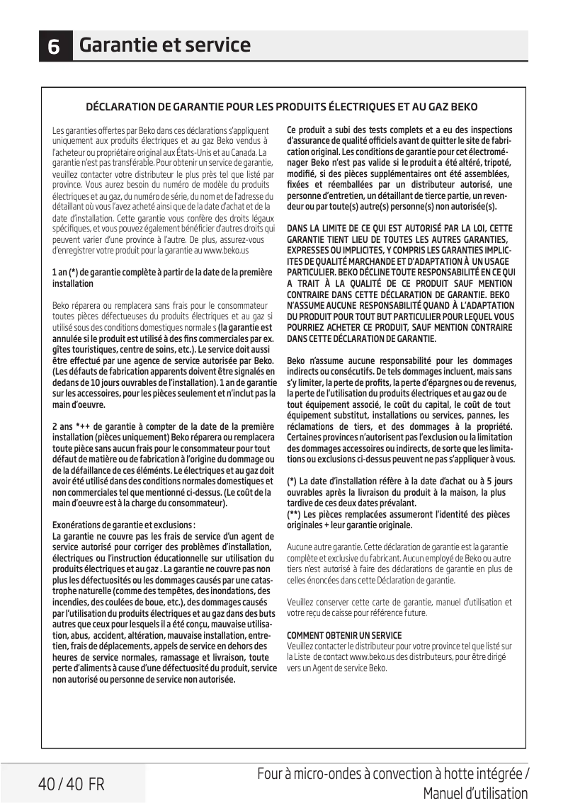 Page 1 de la notice Informations de garantie Beko MWOTR30100SS