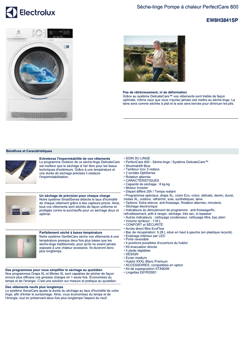 Page 1 de la notice Fiche technique Electrolux EW8H3841SP