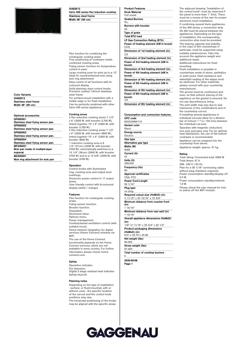Página 1 del manual Ficha técnica Gaggenau VI492613