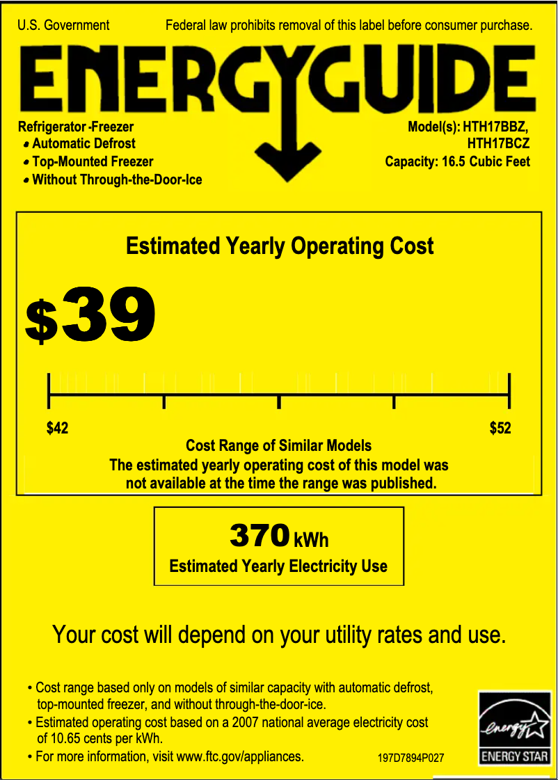 Page 1 de la notice Label énergétique Hotpoint HTH17BCZLWW