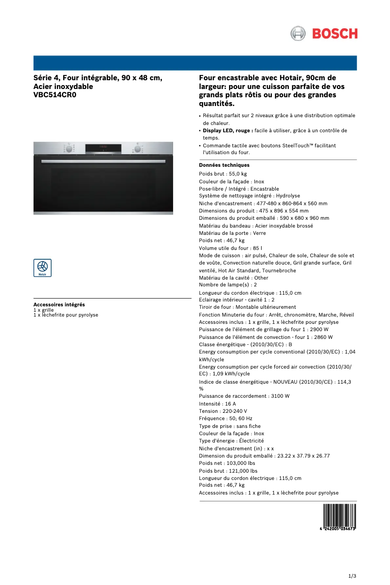 Page 1 de la notice Fiche technique Bosch VBC514CR0