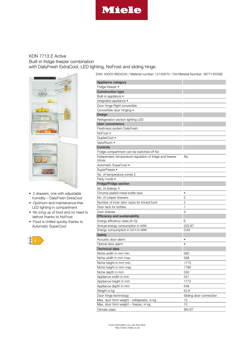 Page 1 de la notice Fiche technique Miele KDN 7713 E Active