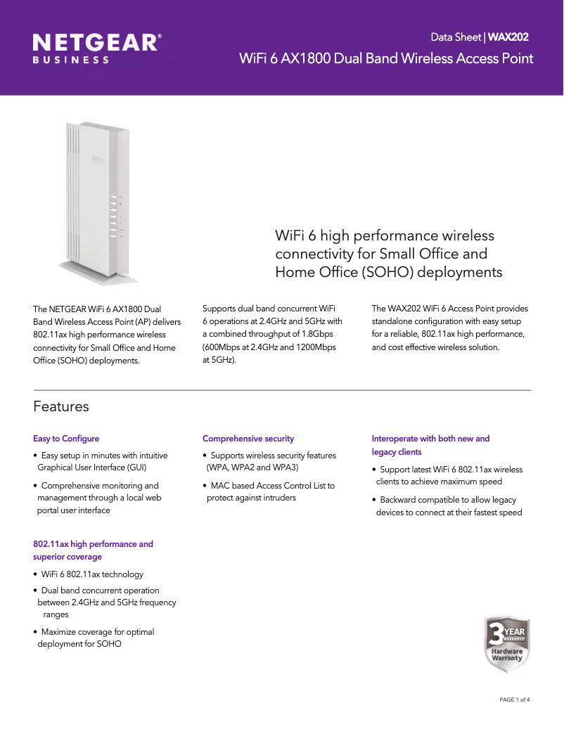 Page n°1 - Fiche technique Netgear WAX202