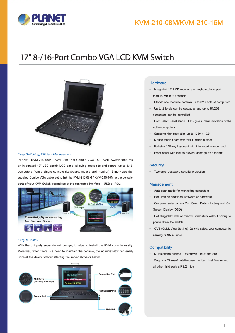 Page 1 de la notice Fiche technique Planet KVM-210-16M