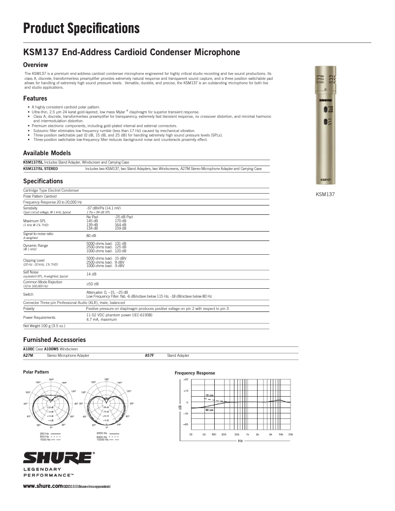 Page 1 de la notice Fiche technique Shure KSM137