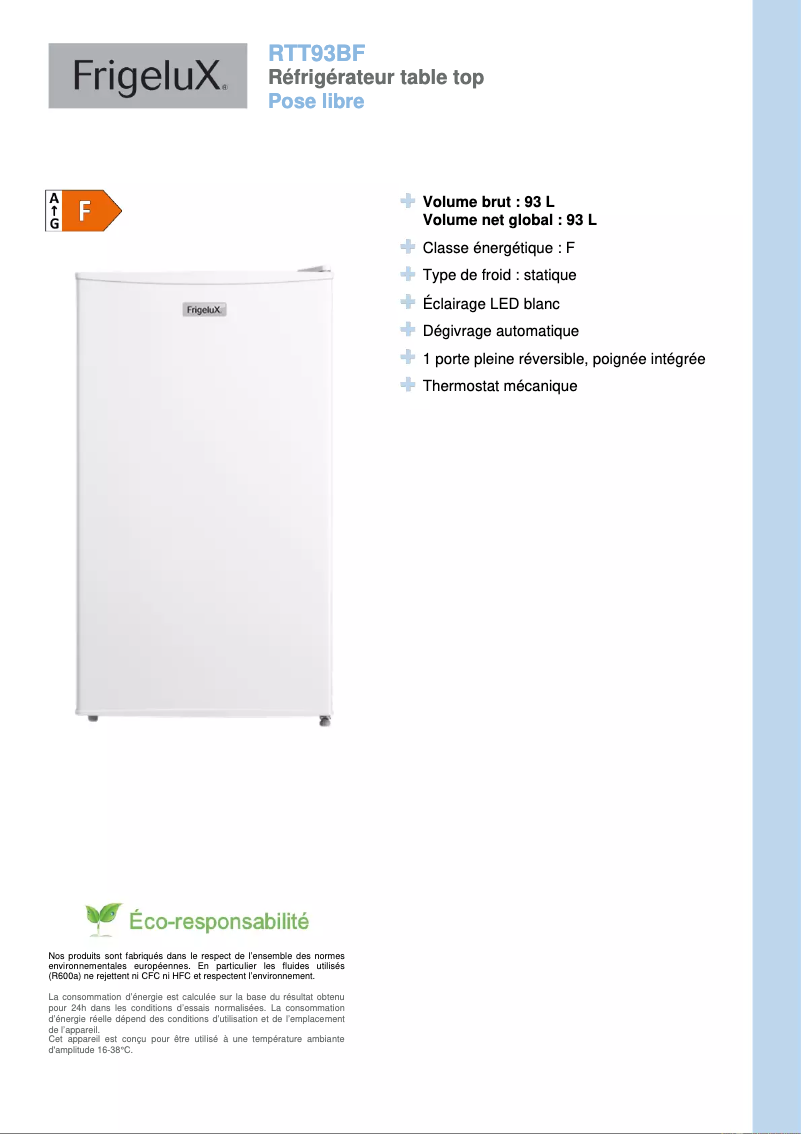 Page 1 de la notice Fiche technique FrigeluX RTT93BF