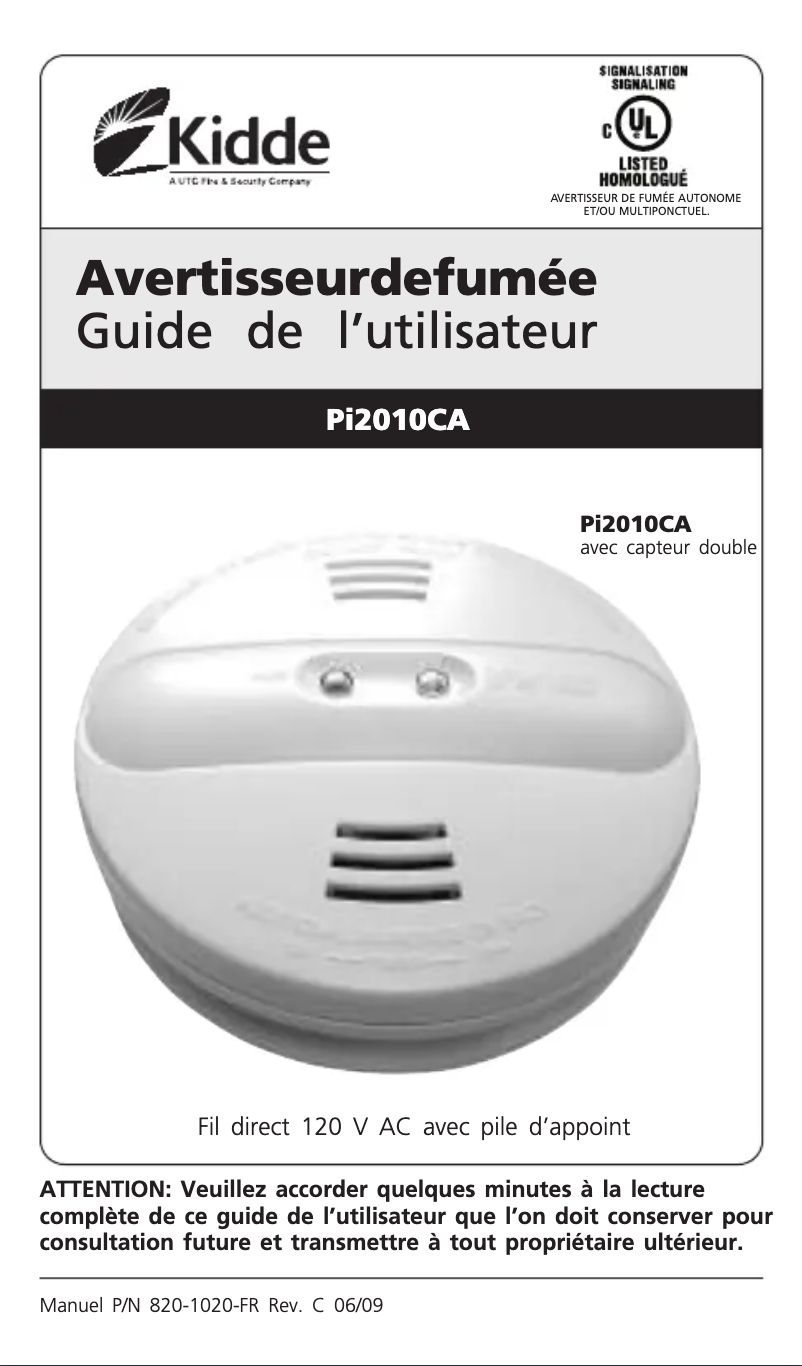 Page 1 de la notice Manuel utilisateur Kidde Pi2010CA