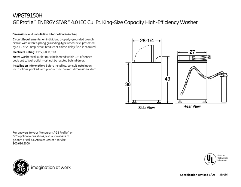 Página 1 del manual Ficha técnica GE WPGT9150HWW