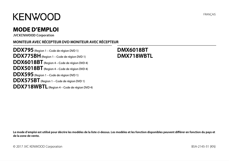 Page 1 de la notice Manuel utilisateur Kenwood DDX6018BT