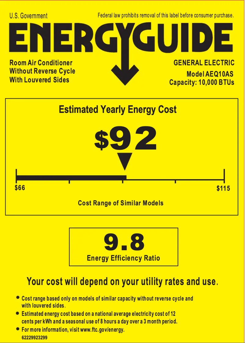 Page 1 de la notice Label énergétique GE AEQ10AS