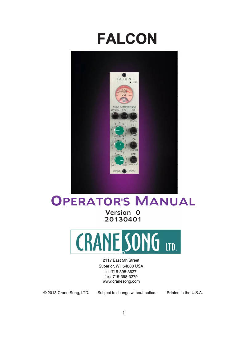 Page 1 de la notice Manuel utilisateur Crane Song Falcon
