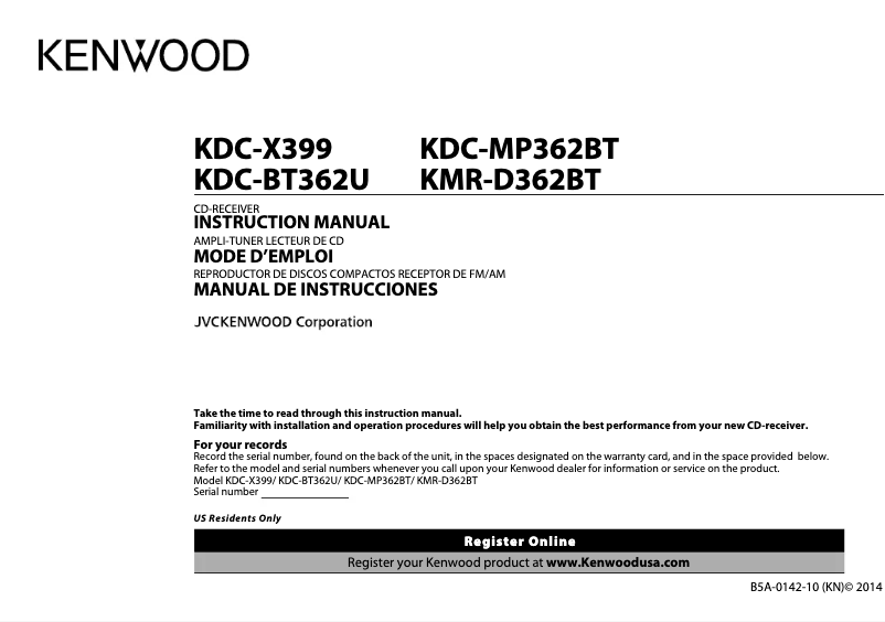 Image de la première page du manuel de l'appareil KMR-D362BT