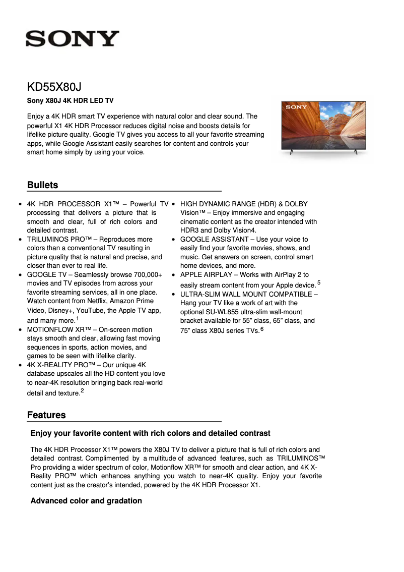 Page 1 de la notice Fiche technique Sony KD-55X80J