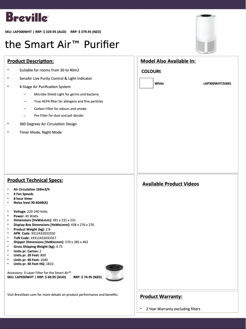 Page n°1 - Fiche technique Breville Smart Air LAP300