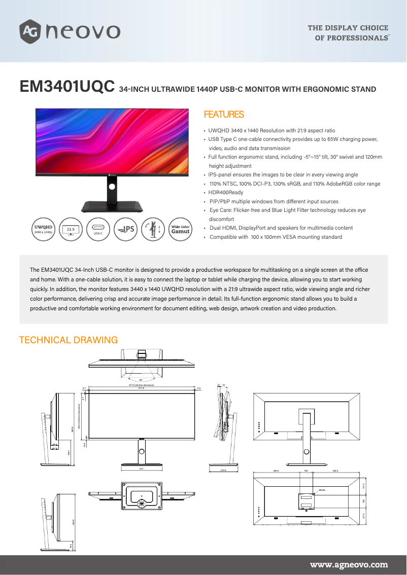 Page 1 de la notice Fiche technique AG Neovo EM3401UQC