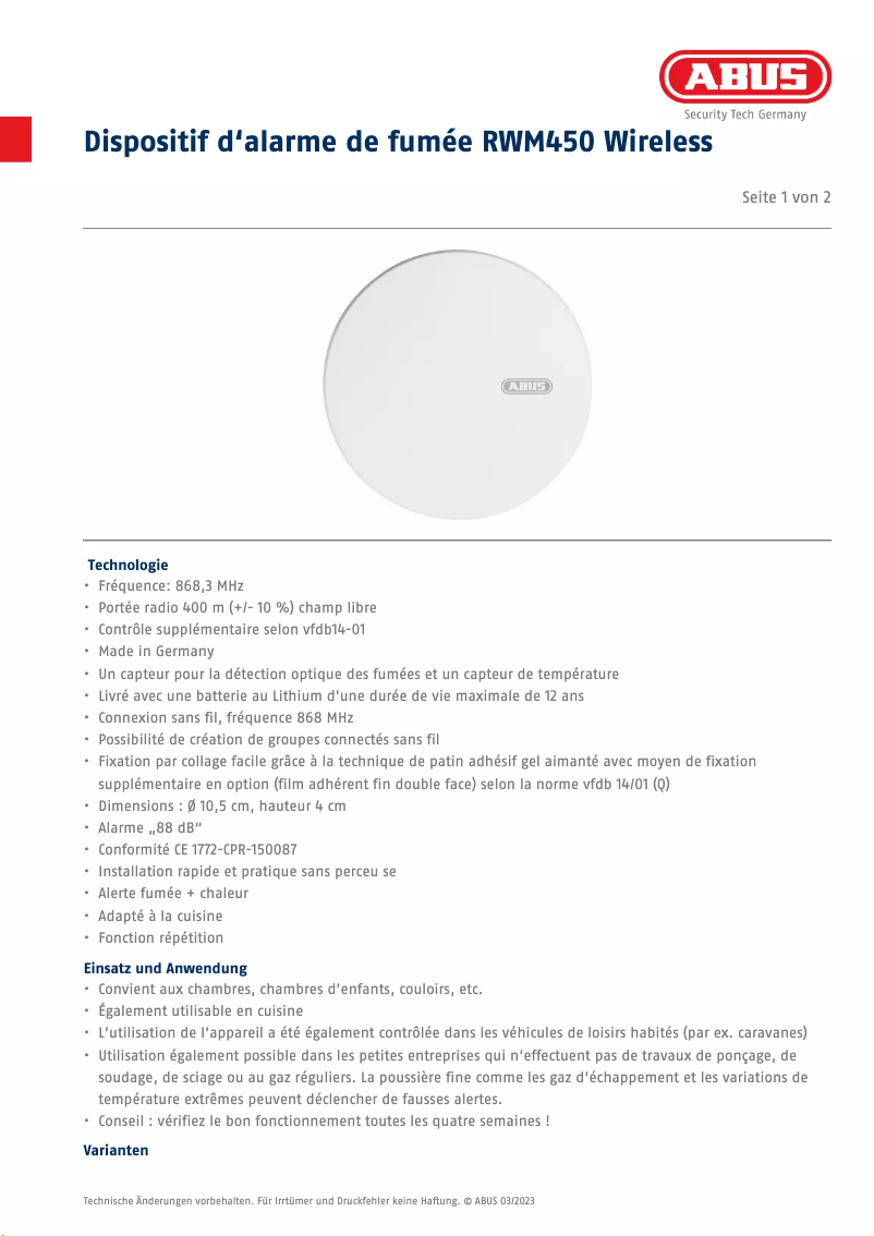 Page 1 de la notice Fiche technique Abus RWM450