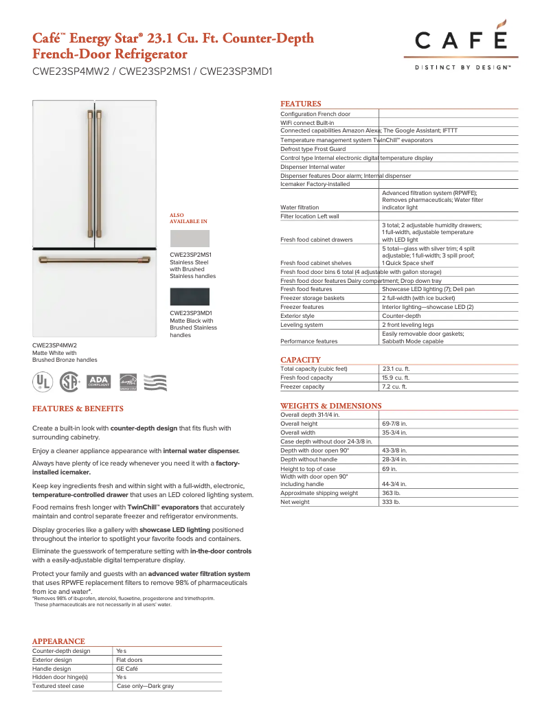 Page n°1 - Fiche technique GE CWE23SP2MS1