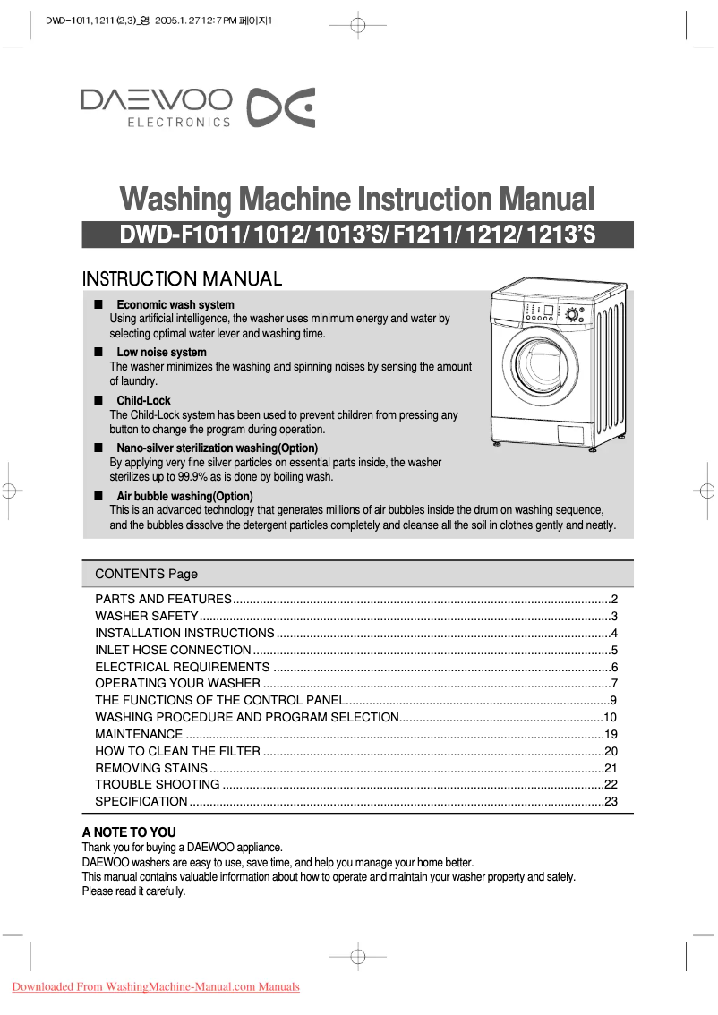 Page n°1 - Manuel utilisateur Daewoo DWD-F1011