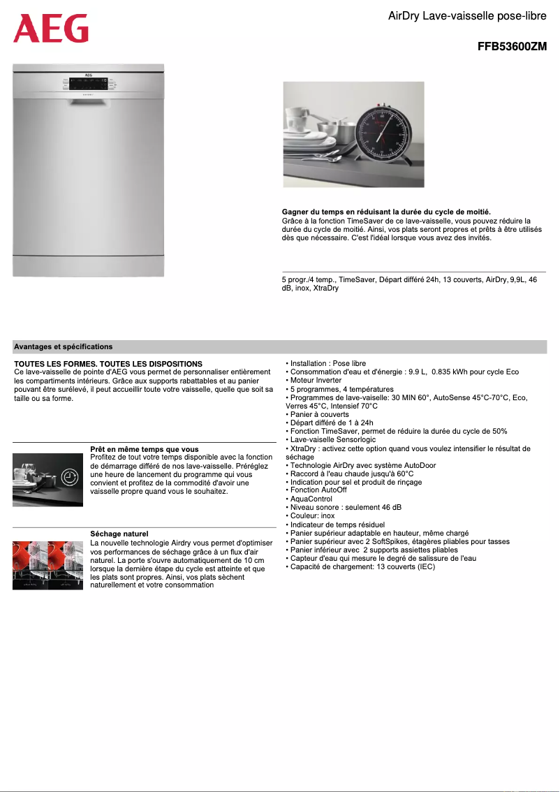 Page 1 de la notice Fiche technique AEG FFB53600ZM
