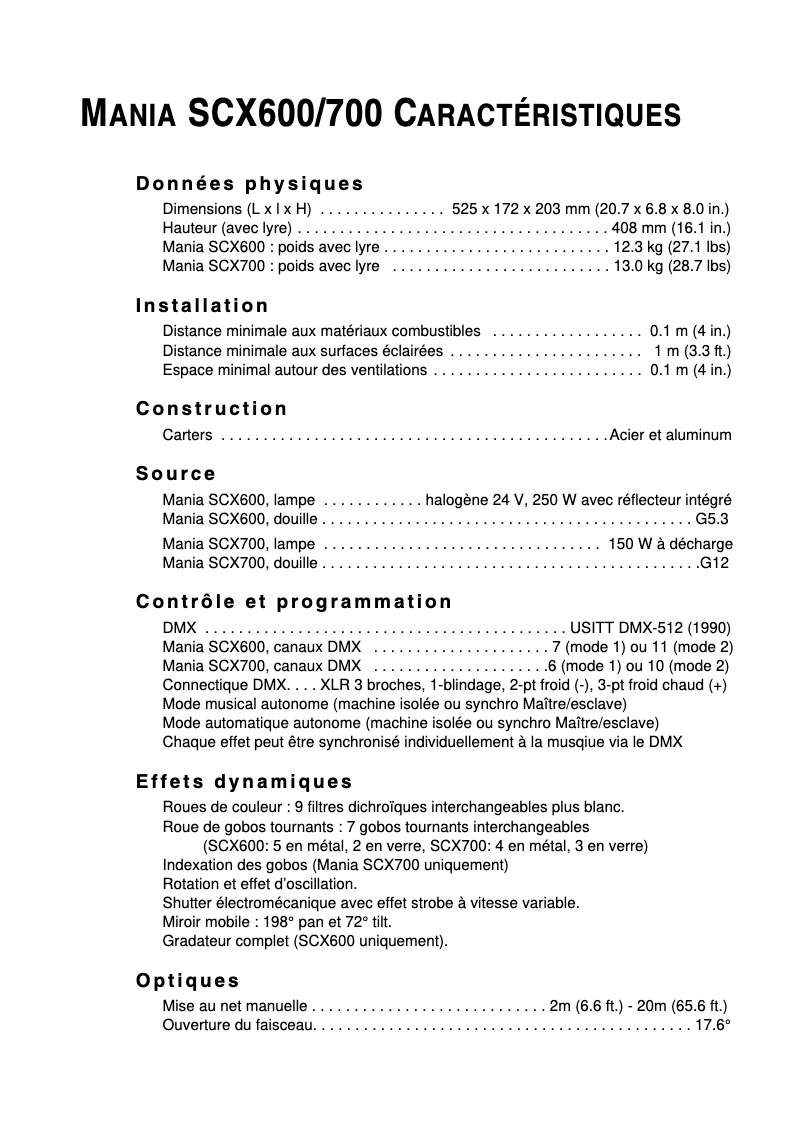 Página 1 del manual Ficha técnica Martin Mania SCX700
