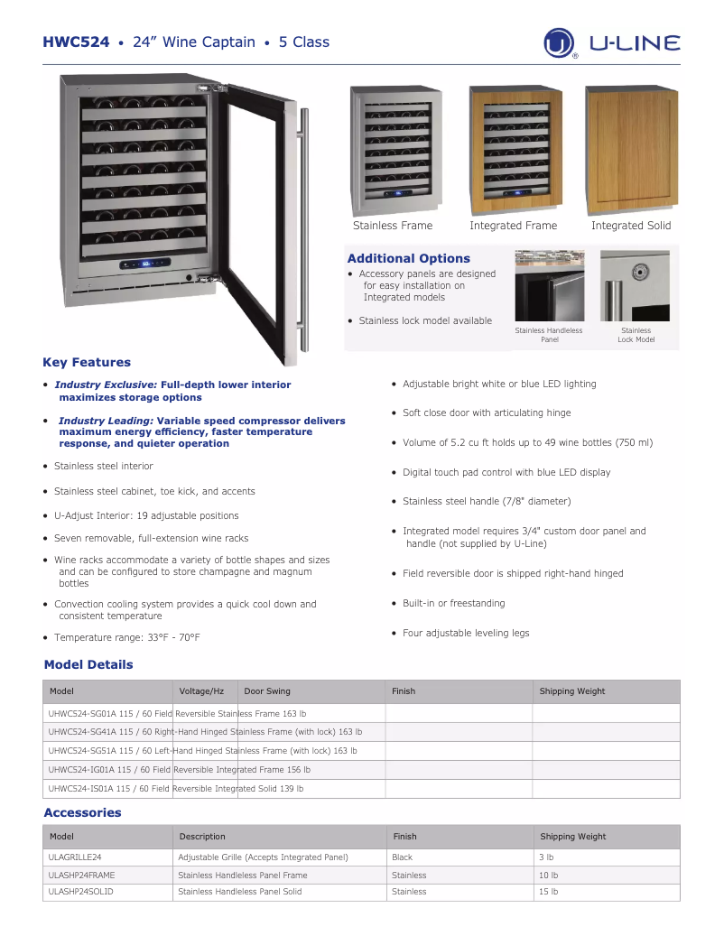 Page 1 de la notice Fiche technique U-Line UHWC524-SG01A