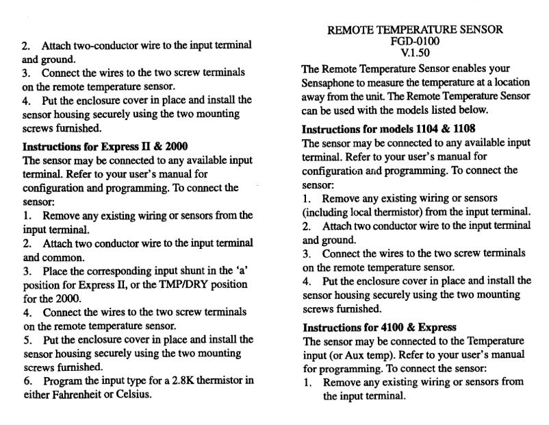 Page n°1 - Manuel utilisateur Sensaphone Remote Temperature Sensor FGD-0100