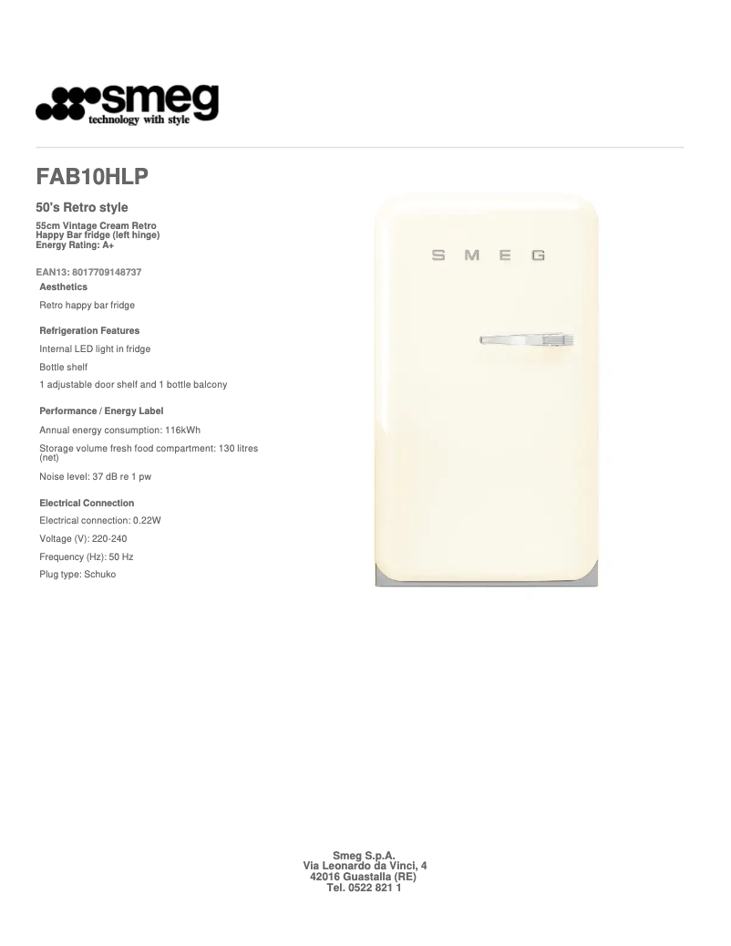 Page n°1 - Fiche technique Smeg FAB10HLP