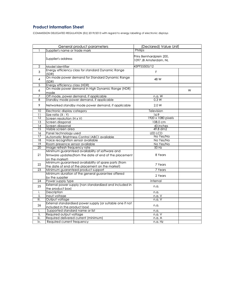 Page 1 de la notice Fiche technique Philips 43PFS5505