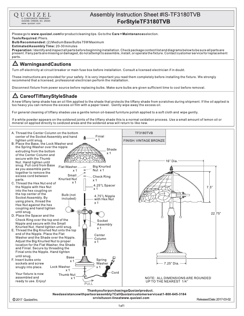 Page n°1 - Manuel utilisateur Quoizel Tiffany TF3180TVB