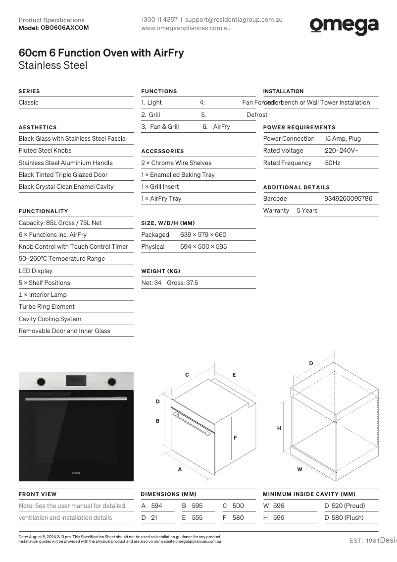 Page n°1 - Fiche technique Omega OBO606AXCOM