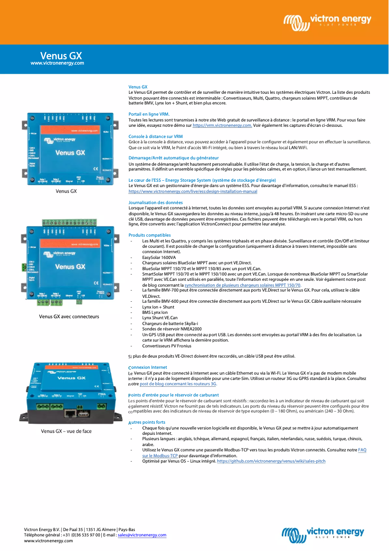 Page 1 de la notice Fiche technique Victron Energy Venus GX