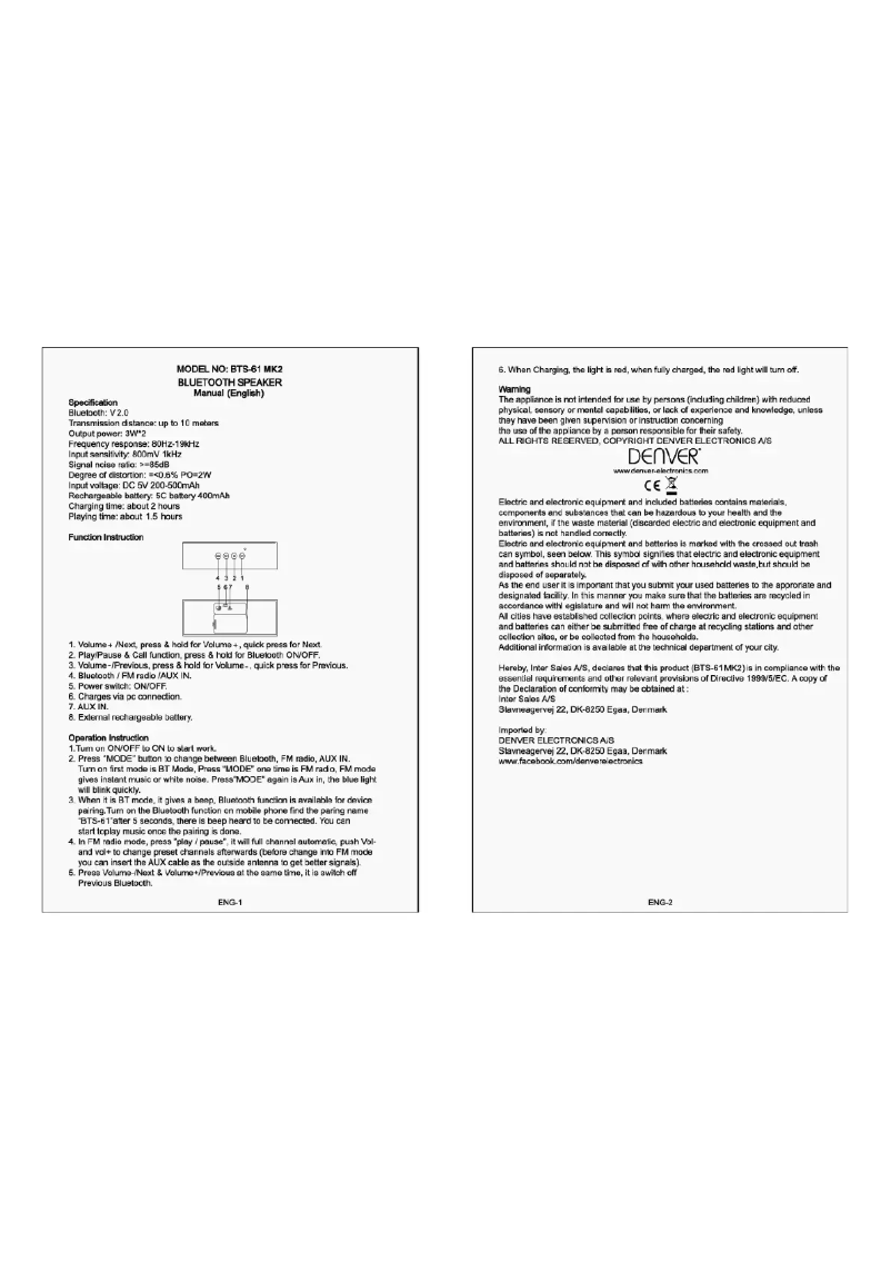 Page 1 de la notice Manuel utilisateur Denver BTS-61 MK2