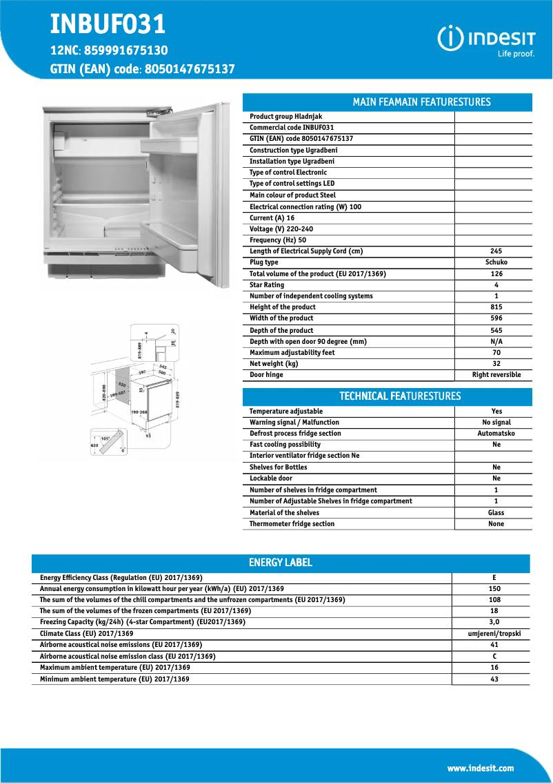 Page 1 de la notice Fiche technique Indesit INBUF031