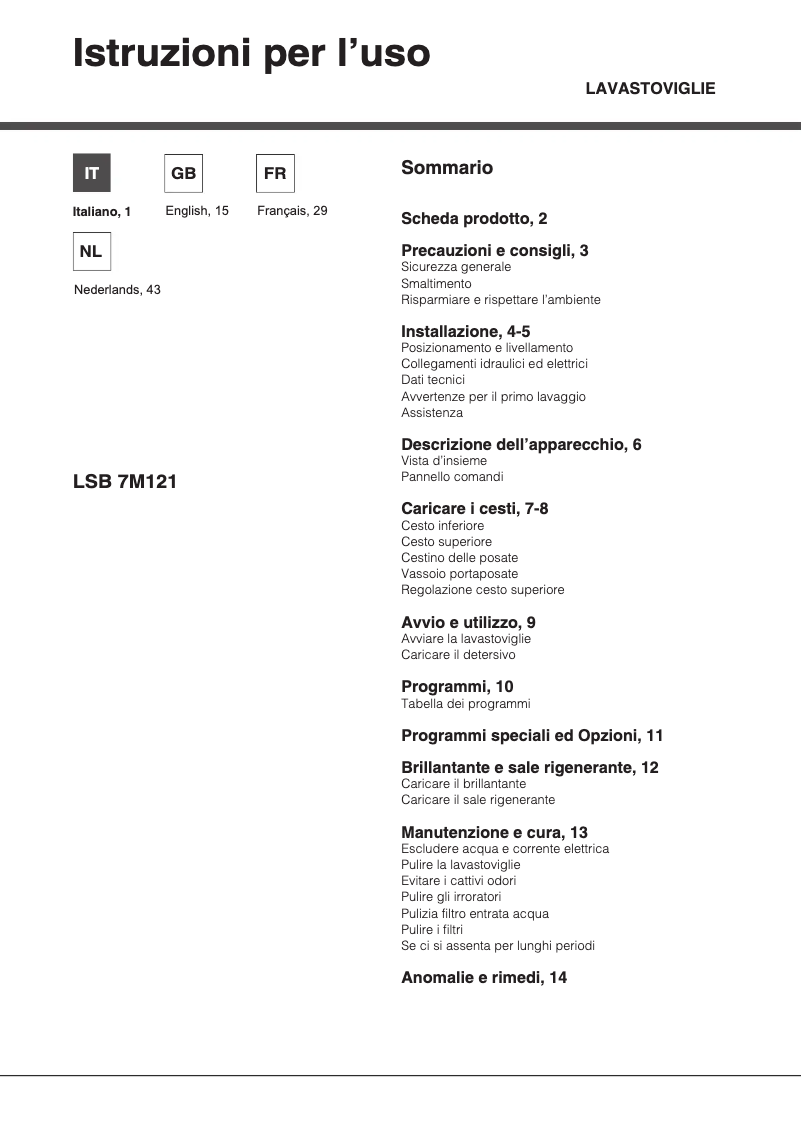 Page 1 de la notice Manuel utilisateur Hotpoint Ariston LSB 7M121 X EU