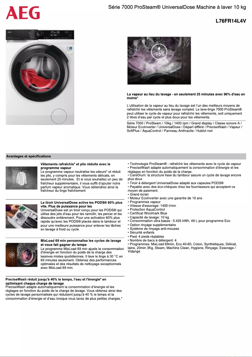 Page n°1 - Fiche technique AEG L76FR14L4V