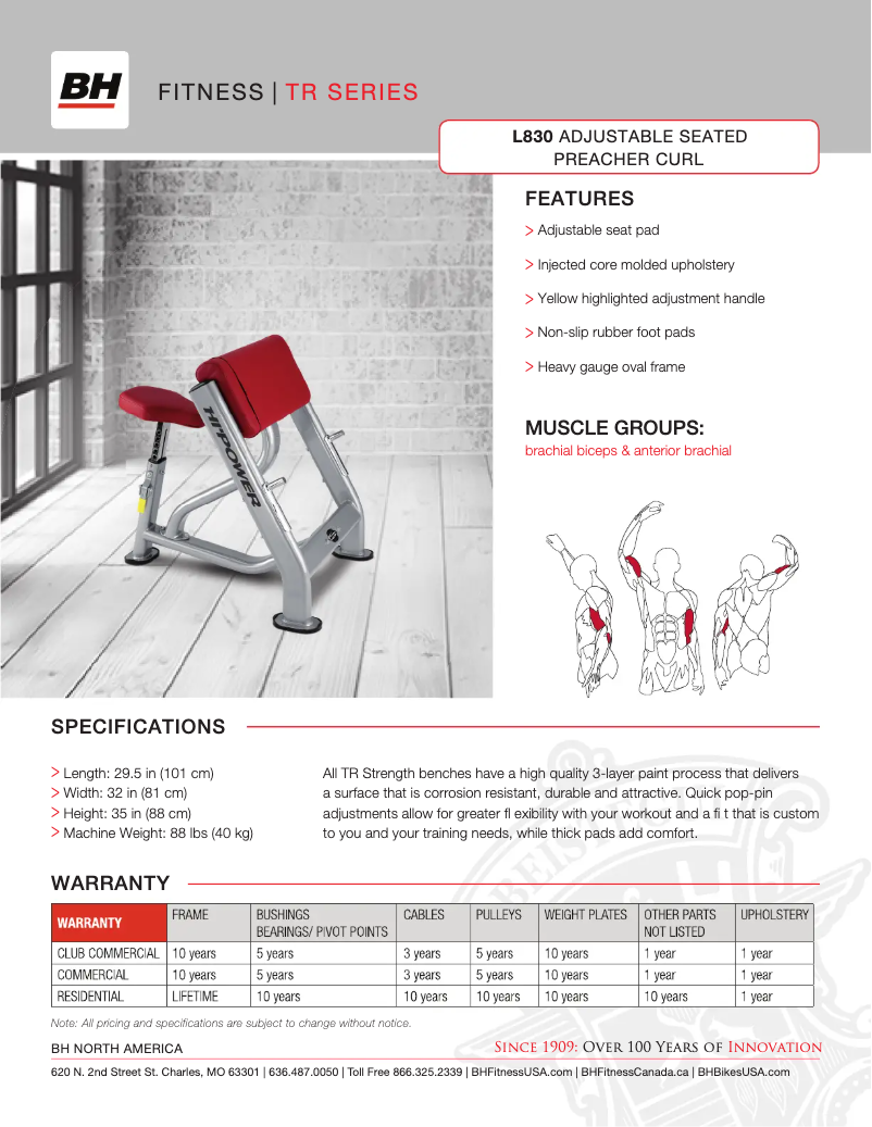 Page 1 de la notice Fiche technique BH Fitness L830