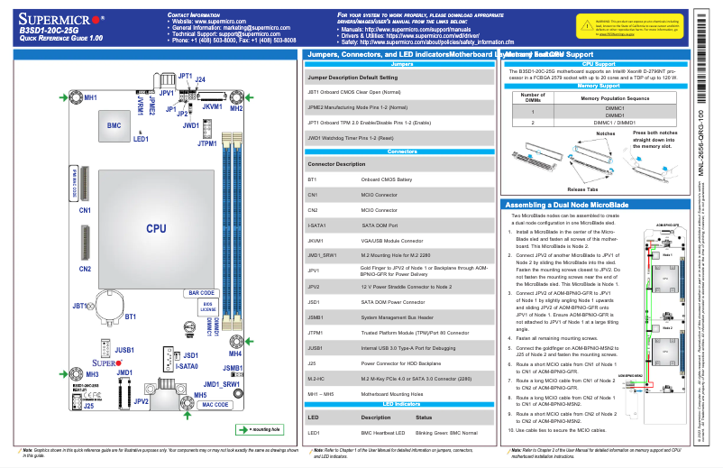 Page 1 de la notice Guide de démarrage rapide Supermicro B3SD1-20C-25G