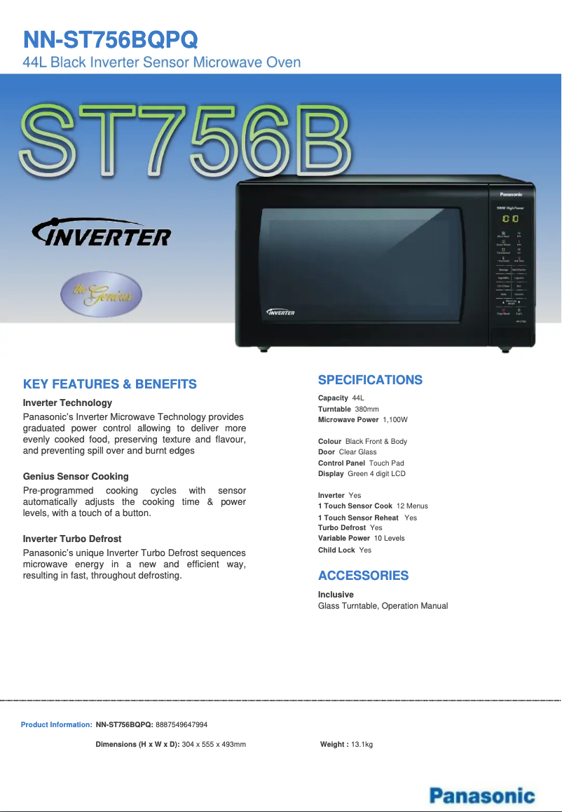 Page 1 de la notice Fiche technique Panasonic NN-ST756B
