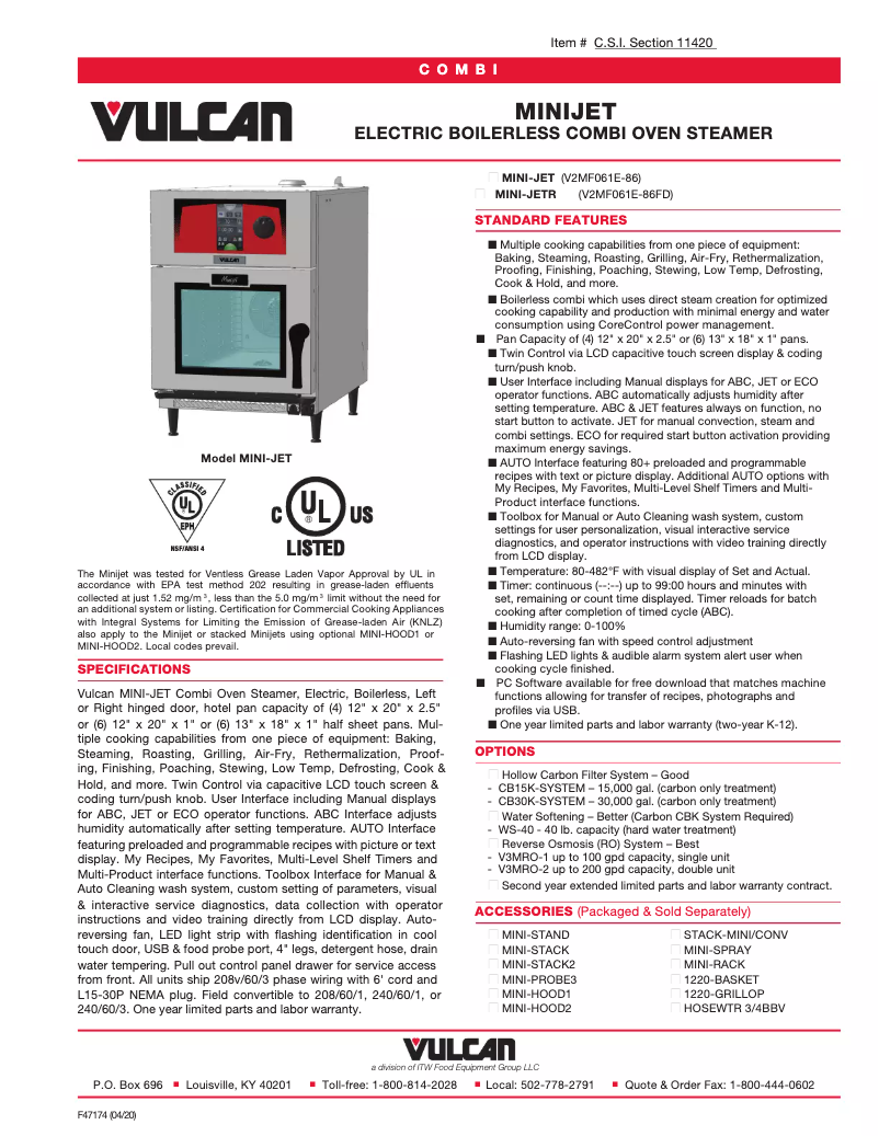 Page 1 de la notice Fiche technique Vulcan MINI-JET