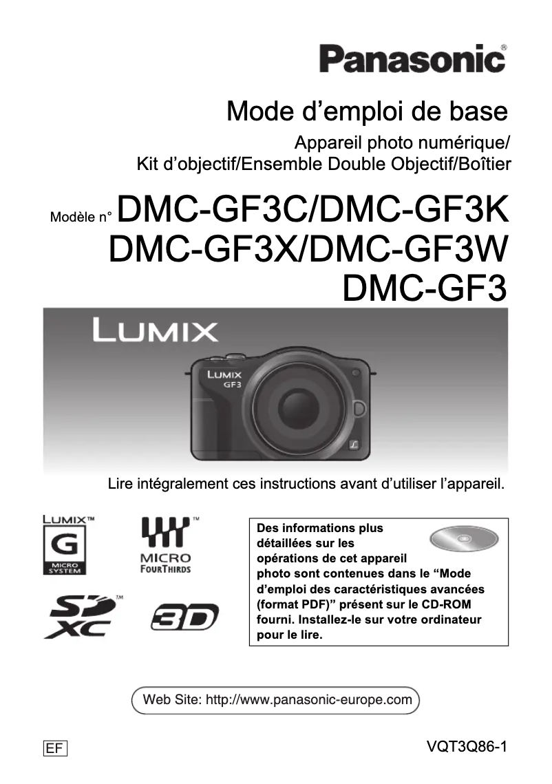 Page 1 de la notice Manuel utilisateur Panasonic Lumix DMC-GF3W