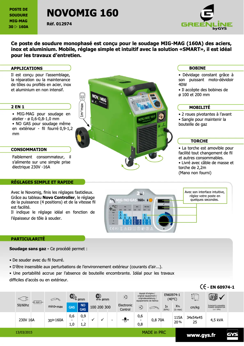Page 1 de la notice Fiche technique GYS Novomig 160