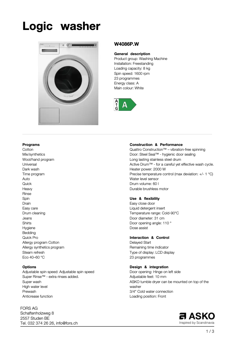 Page n°1 - Fiche technique Asko W4086PW