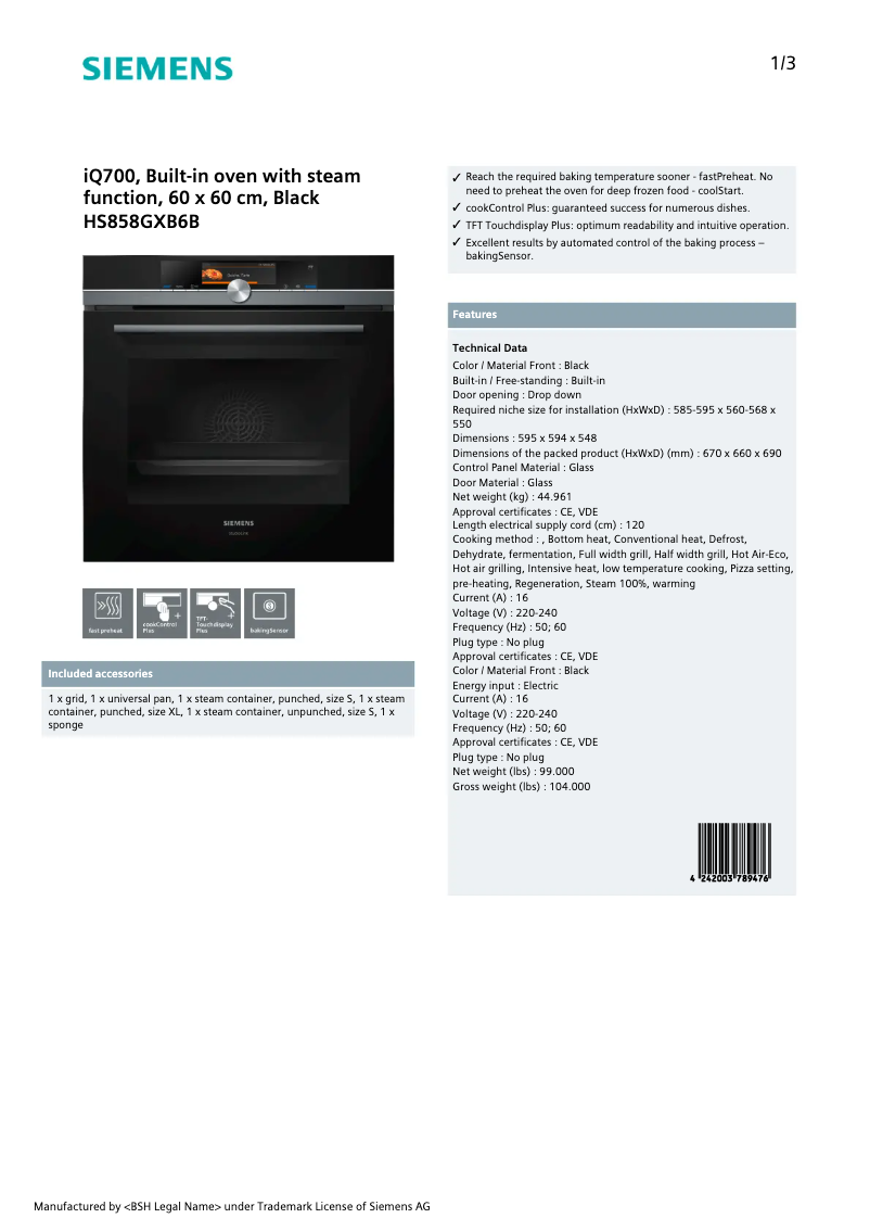 Page n°1 - Fiche technique Siemens HS858GXB6B