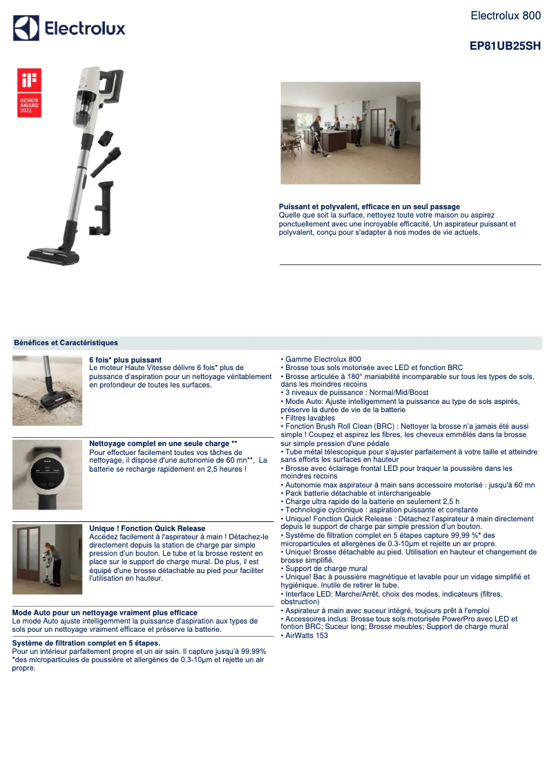 Page 1 de la notice Fiche technique Electrolux EP81UB25SH